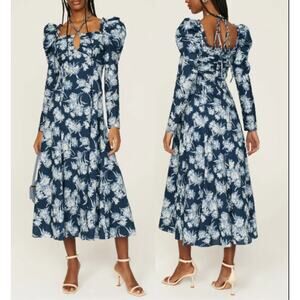 Polo Ralph Lauren Bloom Gathered Midi Dress Blue White Floral - NO TAGS ~ Large